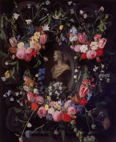 Bloemenslinger rond een marmeren buste van aartshertog Leopold Guglielmo door Daniel Seghers