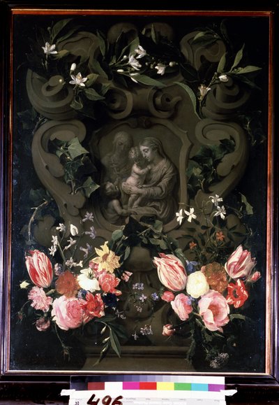 Madonna en kind, heilige Elisabeth en Johannes de Doper als kind in een bloemenkrans door Daniel Seghers