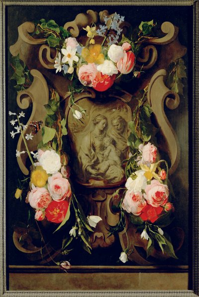 Stilleven met Heilige Familie (olieverf op eikenhout) door Daniel Seghers