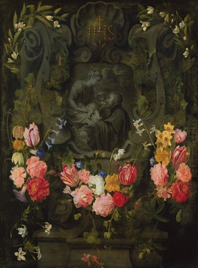 Stenen Reliëf in Bloemen door Daniel Seghers