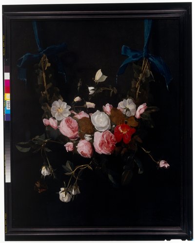 Guirlandes van rozen, tulpen, narcissen en andere bloemen opgehangen aan blauwe linten door Daniel Seghers