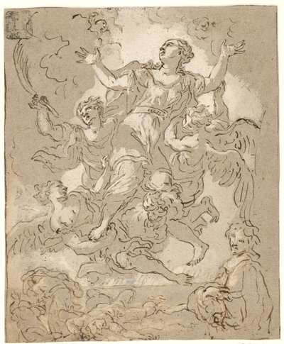 St. Rosalia in glorie met stervende en rennende figuren en een mannelijke halflengte eronder door Daniel Seiter