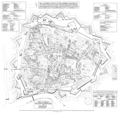 Plattegrond van de stad Wenen met stand van 1683, georiënteerd naar het zuidwesten, gedateerd 11 december 1684 door Daniel Suttinger