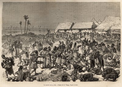 Een zeer levendige mars nabij de Congo-rivier, met meer dan drieduizend mensen, geëtst naar een tekening van D.Vierge, ter illustratie van David Livingstone