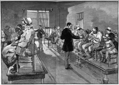 Elektrotherapie van de Salpetriere, hier de elektrische baden en lokale elektrificatie in 1887 door Daniel Urrabieta Vierge