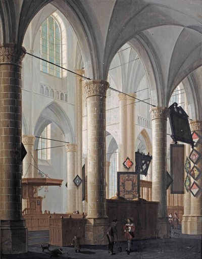 Het interieur van de Grote Kerk in Dordrecht, met pratende figuren en spelende kinderen door Daniel de Blieck