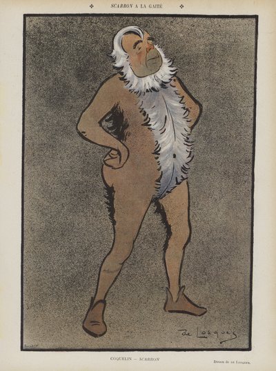 Franse acteur Benoit-Constant Coquelin in Scarron in het Théâtre de la Gaîté. Illustratie voor Le Rire door Daniel de Losques