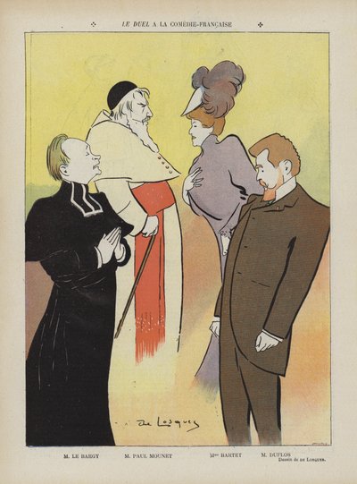 Productie van het stuk Le Duel in de Comédie-Française. Illustratie voor Le Rire door Daniel de Losques