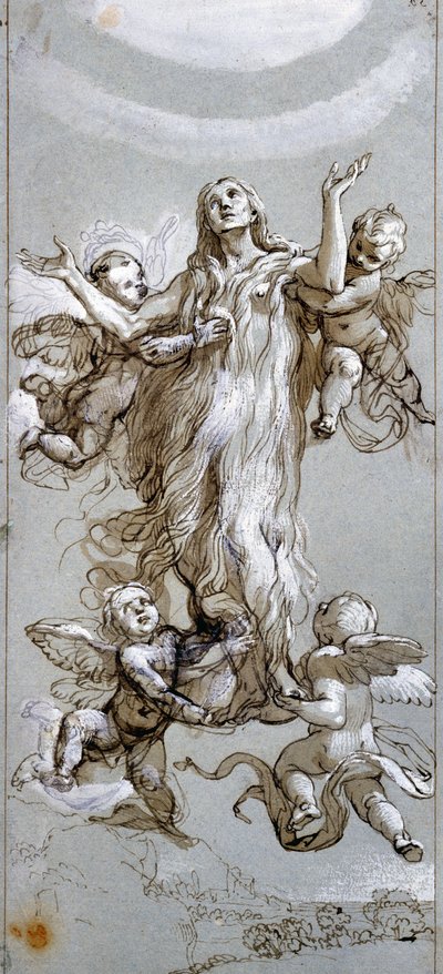 De Hemelvaart van Sint Maria Magdalena geleid door Engelen (tekening) door Daniele Crespi