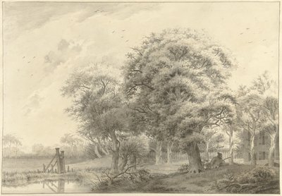 Landschap met op de achtergrond een in neoclassicistische stijl gebouwde buitenplaats door Daniël Kerkhoff