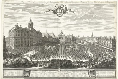 Schutterijen op de Dam tijdens de Amsterdamse kermis, 1686 door Daniël Marot (I)