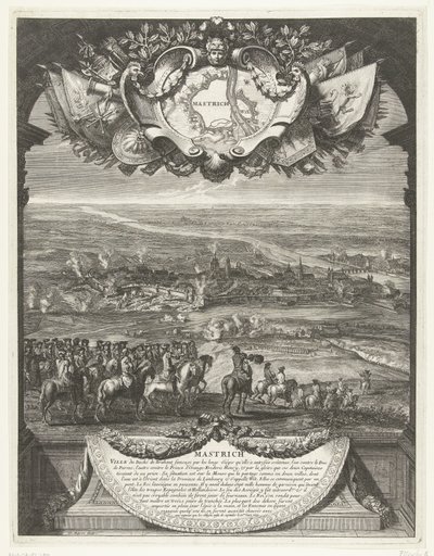 Verovering van Maastricht door de Fransen op 30 juni 1673. Grandes Conquêtes du Roi (series title) door Daniël Marot (I)