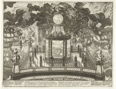 Vuurwerk op de Hofvijver ter viering van de overwinning bij Vigo, 1702 door Daniël Marot (I)
