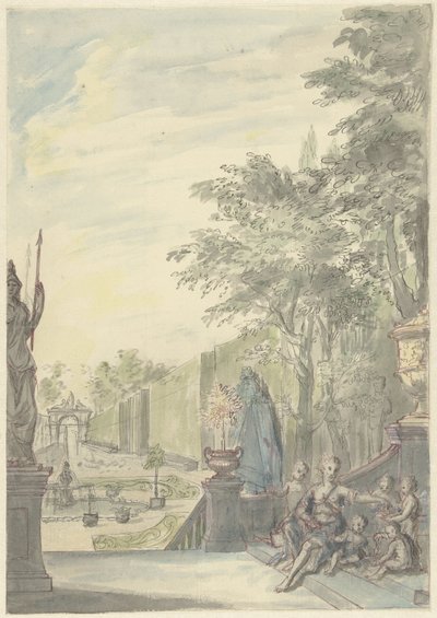 Gezicht vanaf een terras in een ornamentale tuin door Daniël Marot (II)