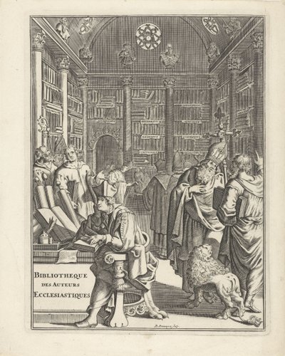 Bibliotheekinterieur met geestelijken door Daniël met de Penningen