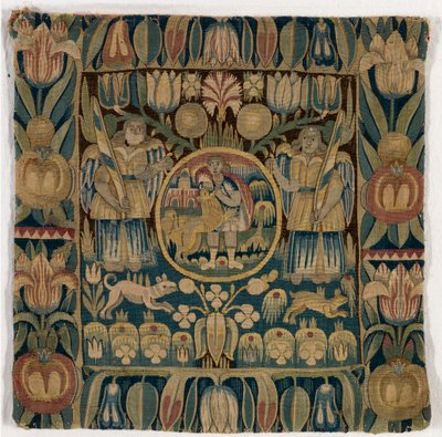 Wandtapijtkussenhoes die Simson uitbeeldt die de leeuw doodt, gemaakt in Sleeswijk-Holstein, Denemarken, c.1615 door Danish School