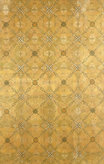 Een plafondpaneel, met herhalend abstract bladontwerp in olijfgroen, oker, rood en geel, ca. 1893 door Dankmar Adler