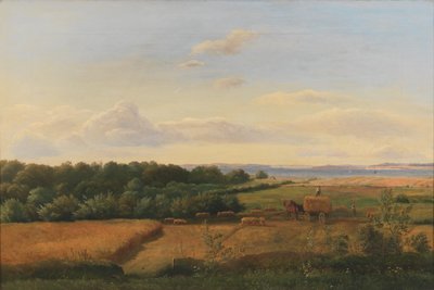 Een landschap op Funen tijdens de oogst met Wedellsborghoved op de achtergrond door Dankvart Dreyer