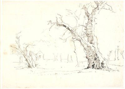 Landschap met grote eiken, links enkele huizen door Dankvart Dreyer