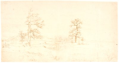 Uitzicht over een heuvelachtig landschap met een paar eenzame eiken door Dankvart Dreyer
