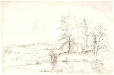 Uitzicht over een heuvelachtig bosrijk landschap. Op de voorgrond een meer door Dankvart Dreyer