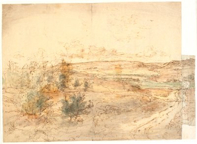 Breed uitzicht over een landschap met grote heuvels rond een weidebeek. West-Fyn? door Dankvart Dreyer