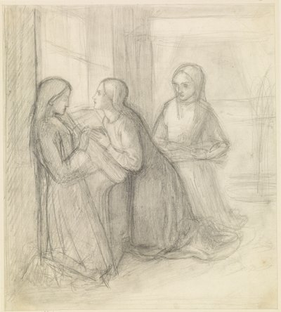 (Mogelijk) De heilige Elisabeth van Hongarije knielend met haar gezellen Isentrudis en Guta door Dante Gabriel Charles Rossetti