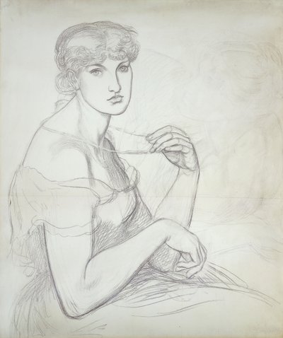 Een zittende vrouw die een ketting vasthoudt, rechts een andere vrouwelijke figuur door Dante Gabriel Charles Rossetti