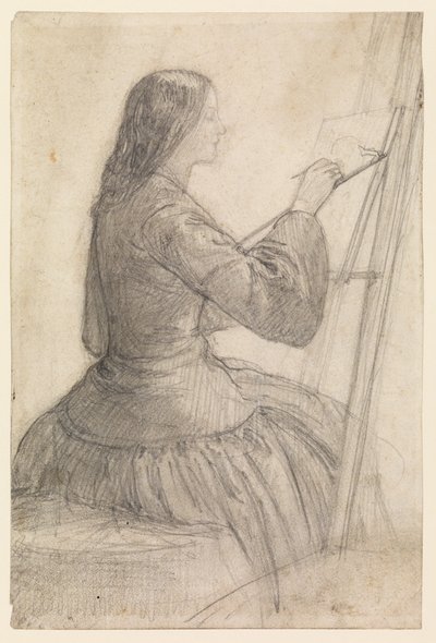 Elizabeth Siddal zittend aan een ezel, schilderend, ca. 1854-55 door Dante Gabriel Charles Rossetti