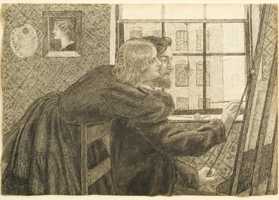 G P Boyce met Fanny Cornforth in Rossettis Studio, Chatham Place, ca. 1858 door Dante Gabriel Charles Rossetti