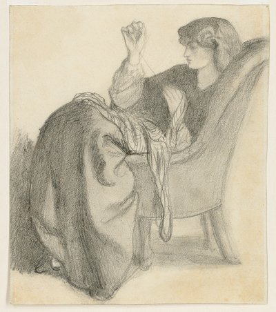 Lachesis: Studie van Jane Morris zittend in een stoel en aan het naaien, 1860s door Dante Gabriel Charles Rossetti
