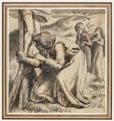Johannes troost de maagd aan de voet van het kruis, ca 1857-58 (pen, oostindische inkt en sepia op papier) door Dante Gabriel Charles Rossetti