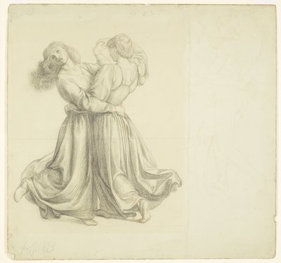 The Bower Meadow - Drapery Studie voor de dansende twee meisjes door Dante Gabriel Rossetti