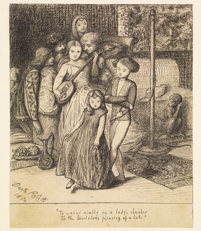 Lichtvoetig dansen in het vertrek van een dame bij het wellustige behagen van een luit door Dante Gabriel Rossetti