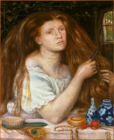 Vrouw die haar haar kamt door Dante Gabriel Charles Rossetti