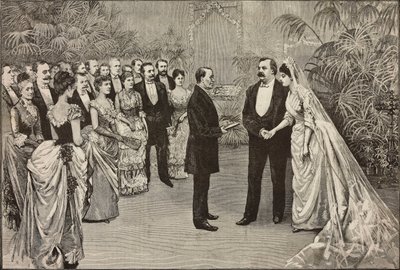 Huwelijk van de Amerikaanse president Grover Cleveland en Frances Folsom, 2 juni, Washington, Verenigde Staten van Amerika, tekening door Dante Paolocci, gravure uit L