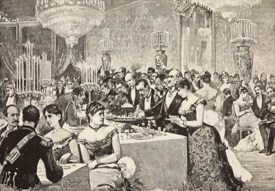 Buffetzaal, Hofbal in Quirinaal, Rome, Italië, gravure naar tekening van Dante Paolocci, uit L