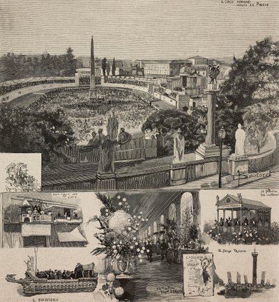 Carnavalsfestival op Piazza del Popolo gezien vanaf de Pincio-heuvel, Rome, Italië, gravure naar tekening van Dante Paolocci, uit L