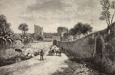 Castello poort, Corneto Tarquinia, Italië, gravure naar tekening van Dante Paolocci, uit L