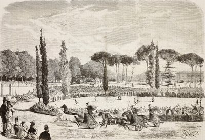 Wagenrennen in Villa Borghese, Rome, Italië, gravure naar tekening van Dante Paolocci, uit L