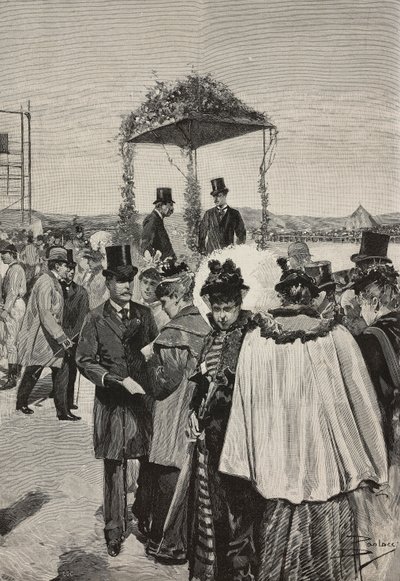 Graaf van Turijn Vittorio Emanuele van Savoye-Aosta bij de Tor di Quinto races, Rome, Italië, gravure naar tekening van Dante Paolocci, uit L