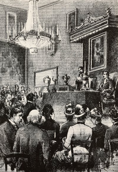 Verkiezing van Regenten in de Republiek San Marino, gravure naar tekening van Dante Paolocci, uit L