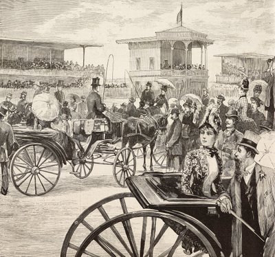 Elegante mannen en vrouwen die een paardenrace bijwonen op de renbaan, Rome, Italië, gravure naar een tekening van Dante Paolocci, uit L