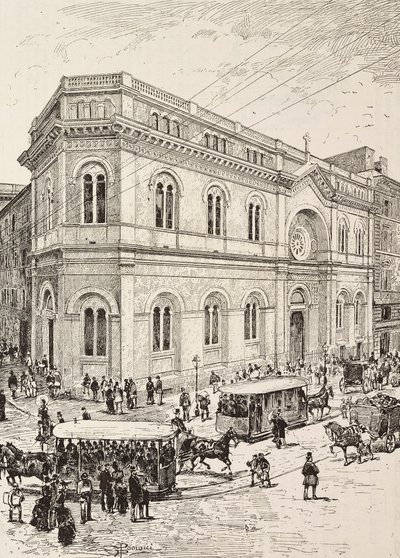 Evangelische kerk aan de Via Nazionale, Rome, Italië, gravure naar tekening van Dante Paolocci, uit L