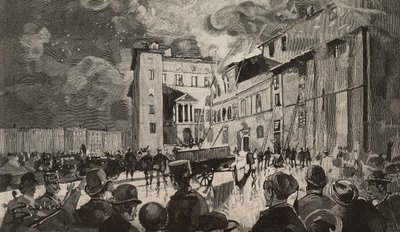 Brand van Israëlische scholen in 1893, Rome, Italië, gravure naar tekening van Dante Paolocci door Dante Paolocci