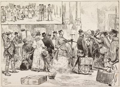 Ontsmetting tegen cholera op station, leerling op velocipede, Rome, Italië, gravure naar tekening van Dante Paolocci, uit L