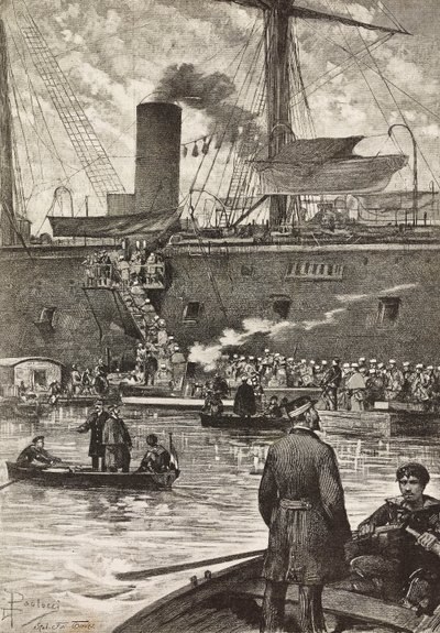 Italiaanse soldaten aan boord van slagschip Principe Amedeo, Italiaanse expeditie in Rode Zee, Napels, Italië, gravure naar tekening van Dante Paolocci, uit L