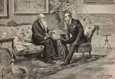 Koning Umberto I van Savoye (1844-1900) en president van de Raad Agostino de Pretis (1813-1887), gravure naar tekening van Dante Paolocci, uit L