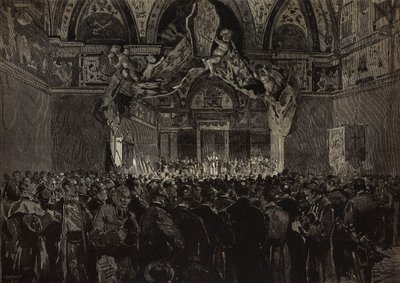 Leo XIII ontvangt Franse pelgrims in Ducal Hall, Pauselijk Jubileum, Vaticaan, gravure naar tekening van Dante Paolocci, uit L