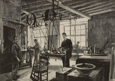 Mechanische werkplaats in de munt van Rome, Italië, gravure naar tekening van Dante Paolocci, uit L